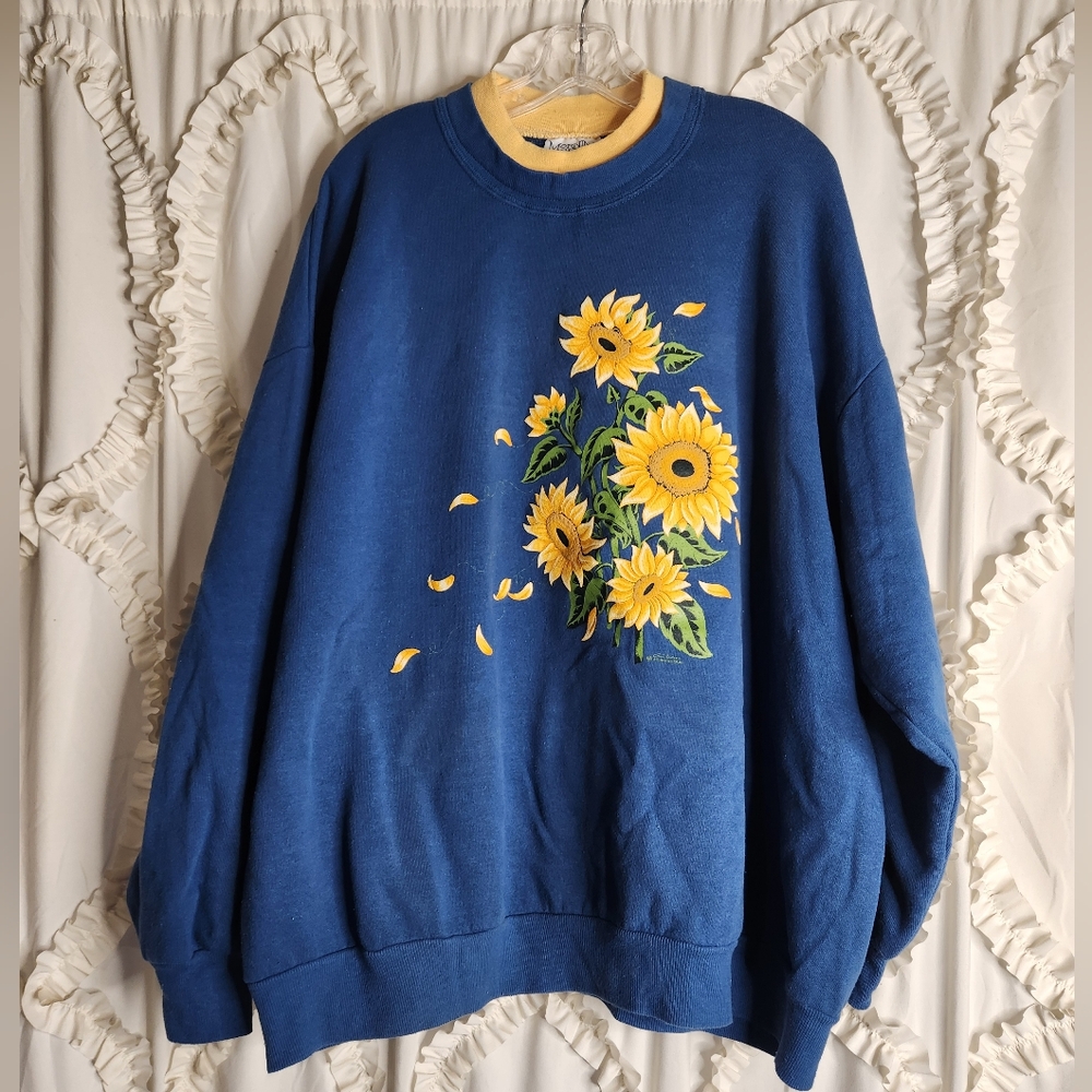 Vintage Sunflower Blue Sweater Cottagecore Morning Sun Sz 3XL